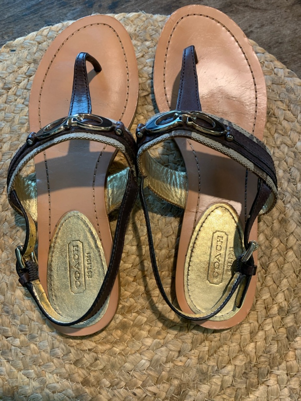 Coach Brown Leather and Signature Canvas Thong Sandals with Metal Accent - Picture 4 of 9